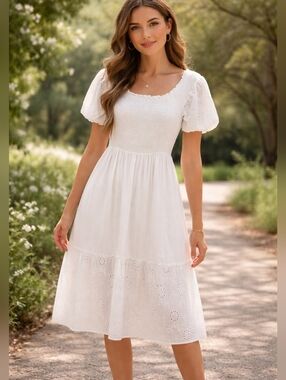 Simplee White Smocked Layered Midi Milkmaid Dress Eyelet Hem Puff Sleeves Sz M
